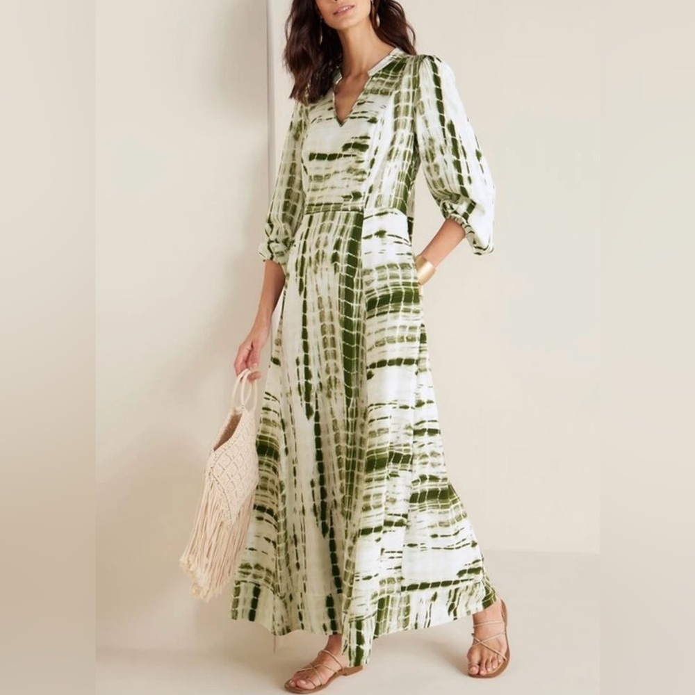 Soft Surroundings Melody Flowy V-Neck Long Maxi Dress Green Off White Size S